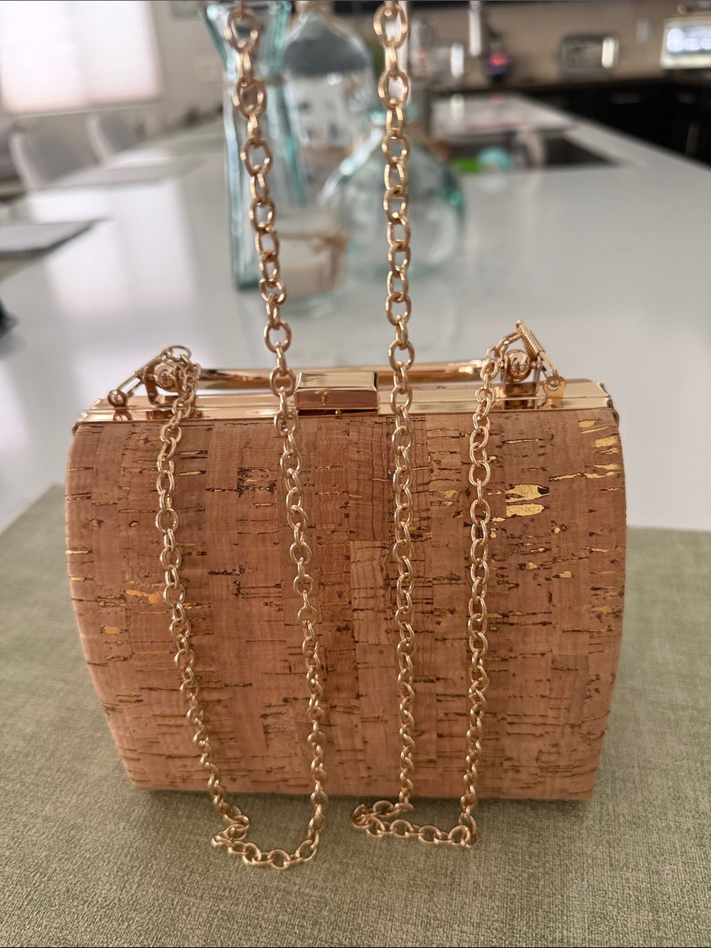 Natural Cork Hard Framed Mini Handbag with Gold Detail NEW - Picture 8 of 11